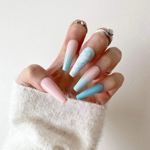 Cotton Candy Nails Pink Blue White Marble Press On Nails Luxury Pressons Nails Gel Nails Acrylic Nails Marble Nails Glitter image 2