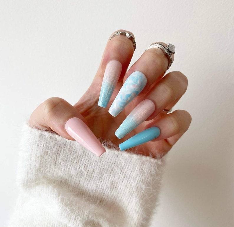 Cotton Candy Nails Pink Blue White Marble Press On Nails Luxury Pressons Nails Gel Nails Acrylic Nails Marble Nails Glitter image 2