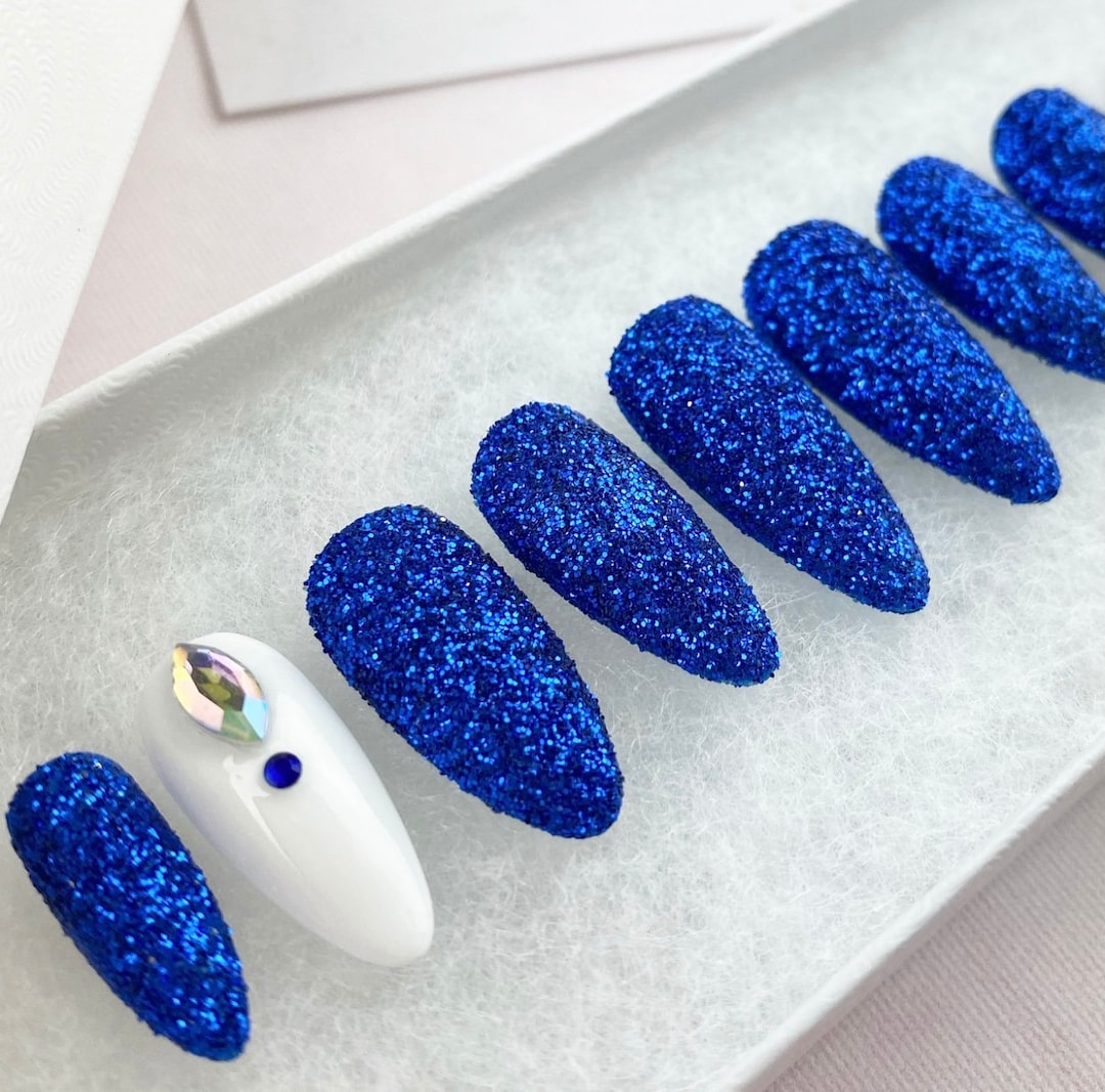 Blue Glitter French Nail with Star Press On Nail – auraxnail