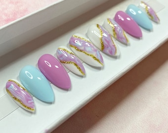 Marble Press On Nails | Pastel Pressons | Blue Purple Gel Nails | Glossy Nails | Acrylic Nails | False Nails