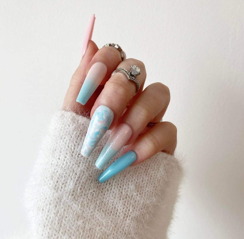 Cotton Candy Nails Pink Blue White Marble Press On Nails Luxury Pressons Nails Gel Nails Acrylic Nails Marble Nails Glitter image 4