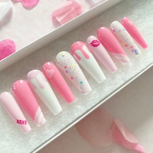 Press On Nails Pressons Pink Drip Gel Nails Confetti Nails Heart Nails Kiss Acrylic Nails False Nails White Nails image 4