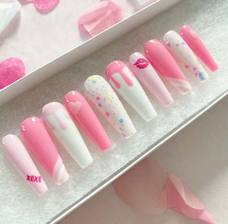 Press On Nails Pressons Pink Drip Gel Nails Confetti Nails Heart Nails Kiss Acrylic Nails False Nails White Nails image 4