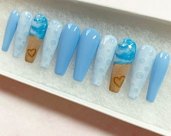 Beach Nails | Bubble Press On Nails | Ocean Nails | Blue Nails | Gel Nails | Acrylic Nails | Wave Sand Nails | Sea Press On Nails