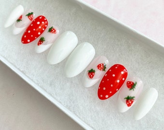 Strawberry Press On Nails | French Nails | Fruit Nails | Gel Nails | Festival | Acrylic Nails | False Nails | French Nails | Summer Nails