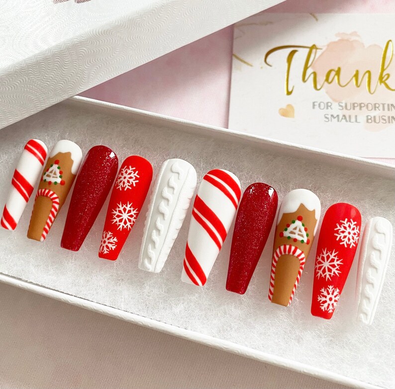 Christmas Press On Nails | Sweater Nails | Gingerbread Pressons | Snowflake Nails | Gel Nails | Acrylic Nails | False Nails | Fake Nails 