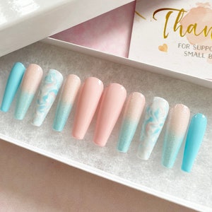 Cotton Candy Nails Pink Blue White Marble Press On Nails Luxury Pressons Nails Gel Nails Acrylic Nails Marble Nails Glitter image 1