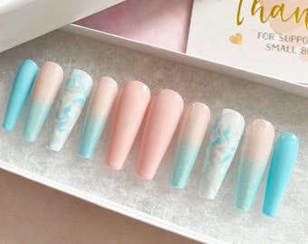 Cotton Candy Nails | Pink Blue White Marble Press On Nails | Luxury Pressons Nails | Gel Nails | Acrylic Nails | Marble Nails | Glitter