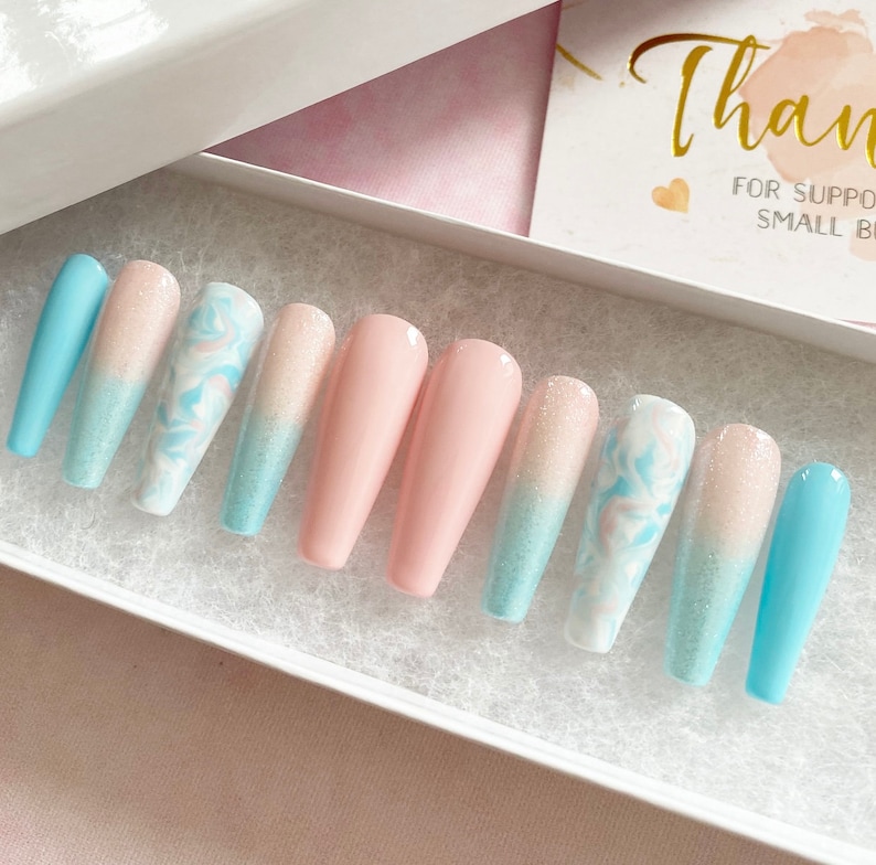 Cotton Candy Nails Pink Blue White Marble Press On Nails Luxury Pressons Nails Gel Nails Acrylic Nails Marble Nails Glitter image 1