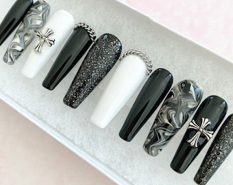 Gothic Press On Nails | Black And White Nails | Halloween Press On Nails | Gel Nails | Acrylic Nails | Goth Nails | Cross Nails | Marble