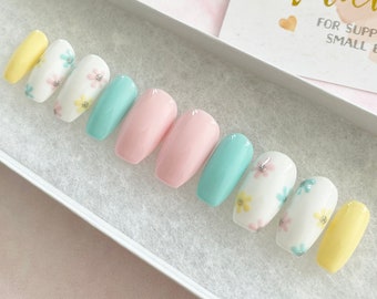 Press On Nails | Flower Pastel Nails | Baby Pink Blue Yellow Nails | Luxury Pressons Nails | Spring Nails | Gel Nails | Acrylic Nails