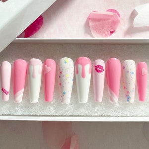 Press On Nails Pressons Pink Drip Gel Nails Confetti Nails Heart Nails Kiss Acrylic Nails False Nails White Nails image 2