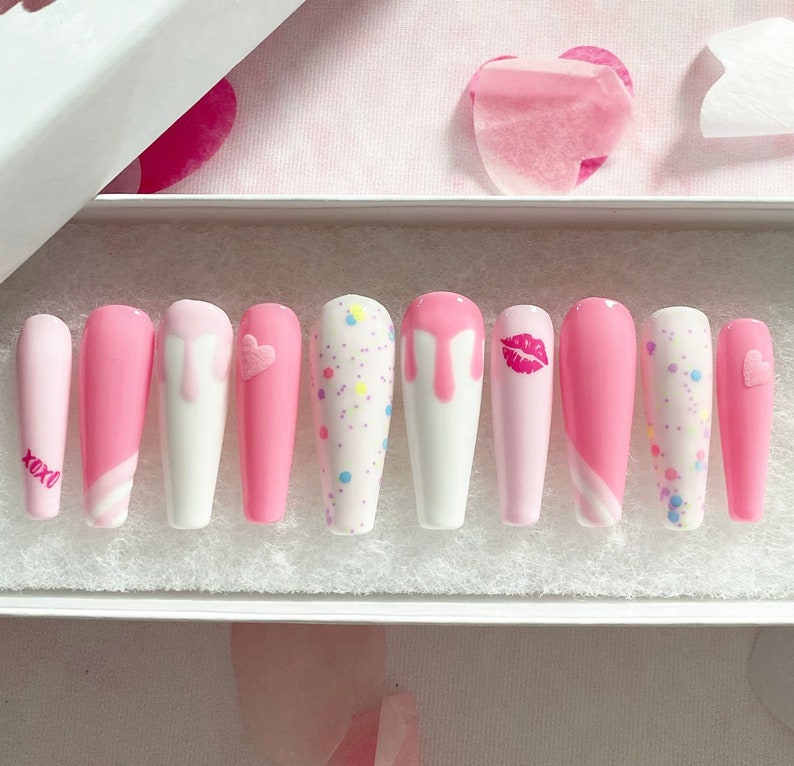 Press On Nails Pressons Pink Drip Gel Nails Confetti Nails Heart Nails Kiss Acrylic Nails False Nails White Nails image 2