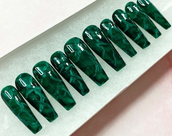 Green Emerald Press On Nails | Green crystal Pressons | Marble Gel Nails | Glossy Nails | Acrylic Nails | False Nails