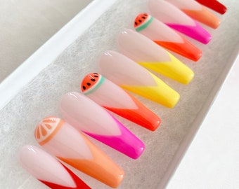 Fruit Press On Nails | French Nails | Watermelon Nails | Gel Nails | Orange Nails | Acrylic Nails | False Nails | Colour French Nails