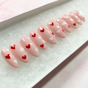 Press On Nails | Valentine’s Day Pink Pressons | Red Hearts Gel Nails | White Heart Acrylic Nails | False Nails | Fake Nails | False Nails |