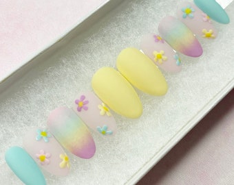 Press On Nails | Flower Pastel Nails | 3D Flower Nails | Luxury Pressons Nails | Spring Nails | Gel Nails | Acrylic Nails | Ombre Nails