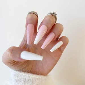 Press On Nails Pink Pressons Pink White Ombre Gel Nails Cotton Candy Pink Nails Acrylic Nails False Nails Glitter Nails image 5