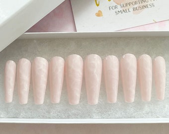 Rose Quartz Press On Nails | Pink Quartz crystal Pressons | Marble Gel Nails | Glossy Nails | Acrylic Nails | False Nails | White Pink Nails