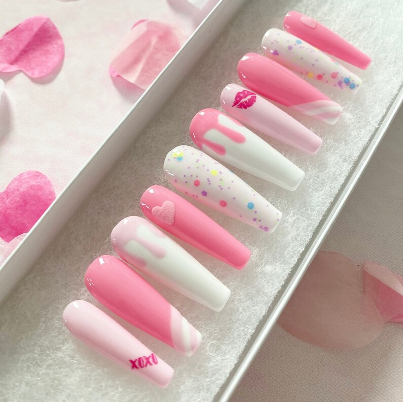 Press On Nails Pressons Pink Drip Gel Nails Confetti Nails Heart Nails Kiss Acrylic Nails False Nails White Nails image 5