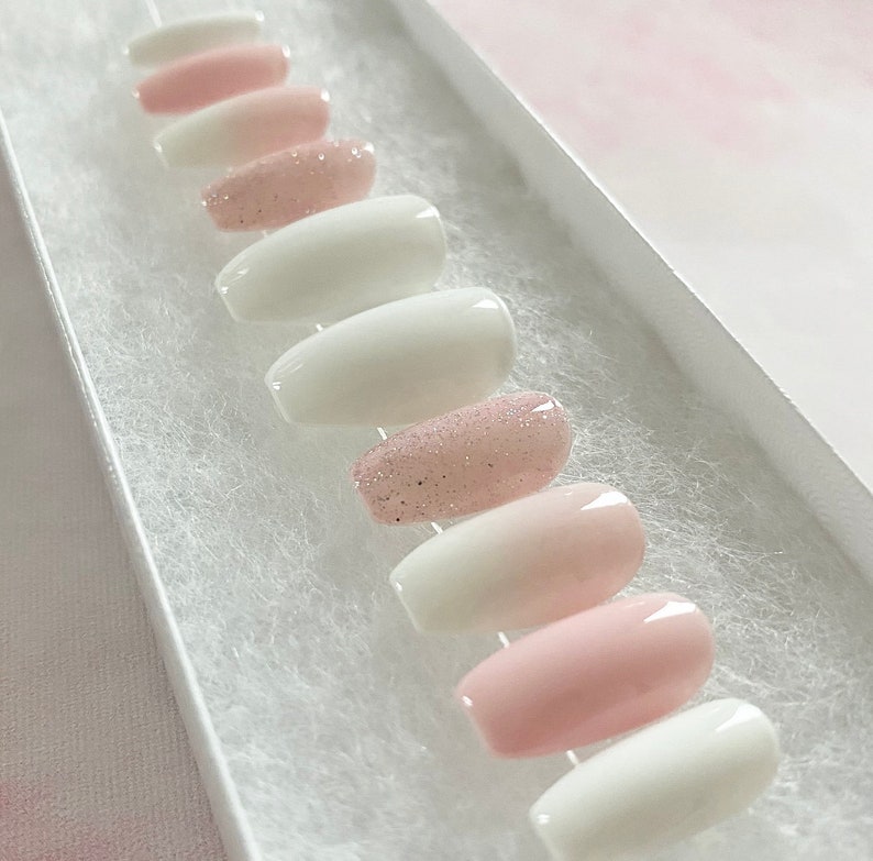 Press On Nails Pink Pressons Pink White Ombre Gel Nails Cotton Candy Pink Nails Acrylic Nails False Nails Glitter Nails image 4