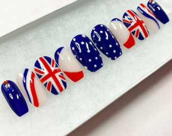 England Press On Nails | UK Pressons | Union Jack Nails | British Flag | Blue White Red  Nails | Gel Nails | Acrylic Nails | False Nails