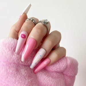 Press On Nails Pressons Pink Drip Gel Nails Confetti Nails Heart Nails Kiss Acrylic Nails False Nails White Nails image 3