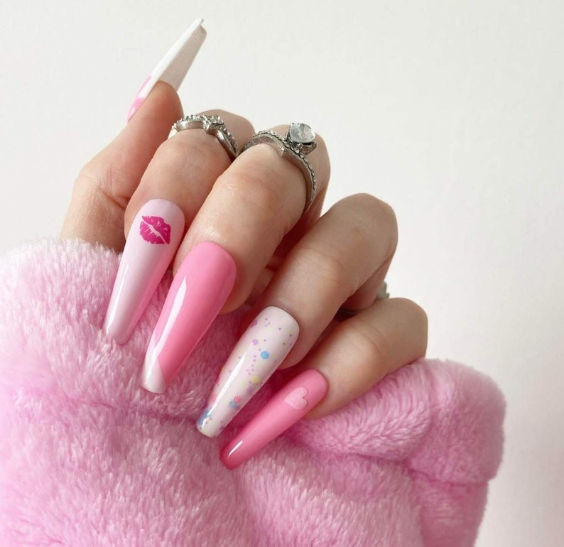 Press On Nails Pressons Pink Drip Gel Nails Confetti Nails Heart Nails Kiss Acrylic Nails False Nails White Nails image 3