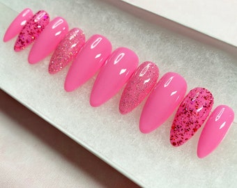 Barbiecore Pink Nails | Glitter Pressons | Pink Gel Nails | Candy Pink Nails | Acrylic Nails | False Nails | Summer Nails