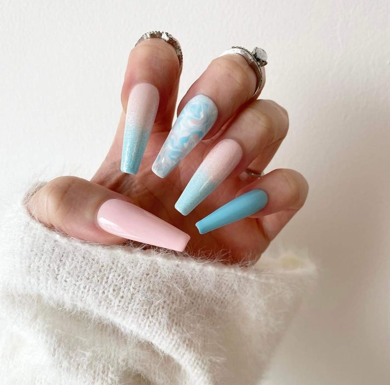 Cotton Candy Nails Pink Blue White Marble Press On Nails Luxury Pressons Nails Gel Nails Acrylic Nails Marble Nails Glitter image 7