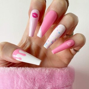 Press On Nails Pressons Pink Drip Gel Nails Confetti Nails Heart Nails Kiss Acrylic Nails False Nails White Nails image 7