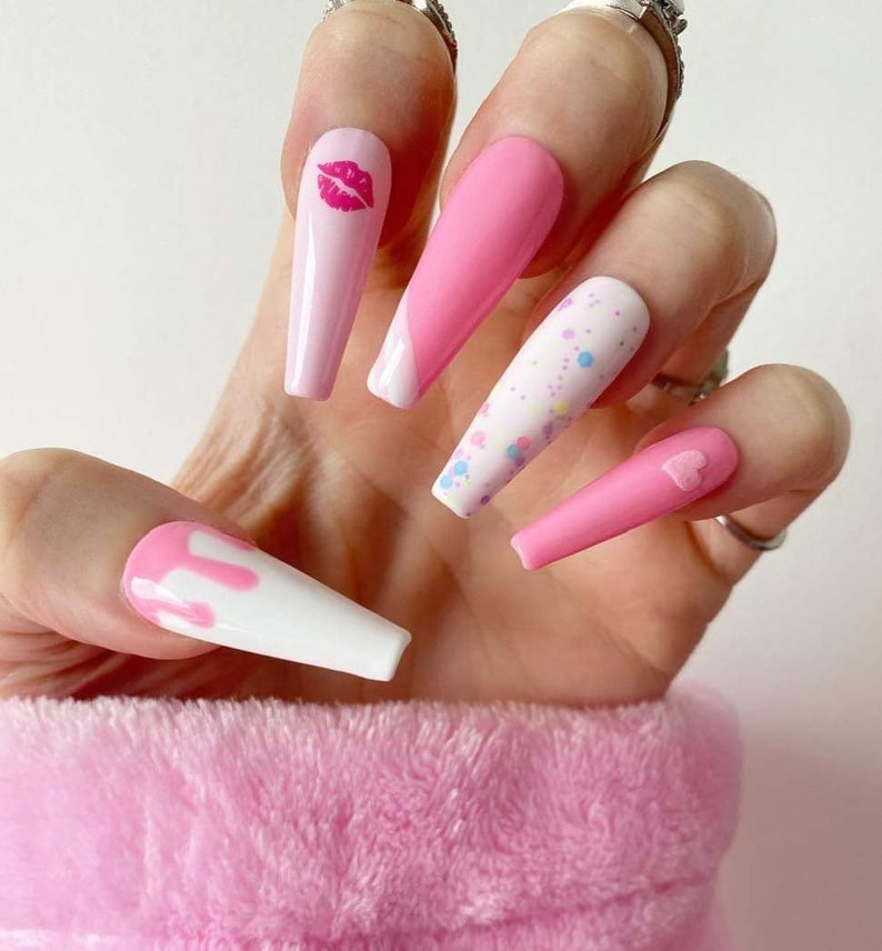 Press On Nails Pressons Pink Drip Gel Nails Confetti Nails Heart Nails Kiss Acrylic Nails False Nails White Nails image 7