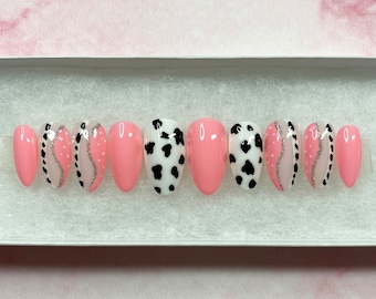 Cow Print Press On Nails | French Nails | Natural Nails | Pink Nails | Fake Nails | Gel Nails | Acrylic Nails | False Nails | Cowboy Nails