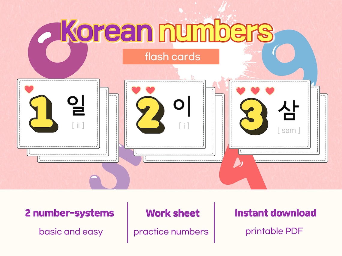 Korean Numbers flashcards printable PDF A4 file worksheet | Etsy