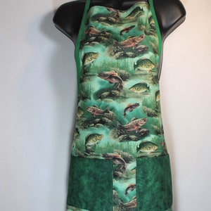 Fish themed apron, handmade, child and adult sizes, dark green, walleyes and bluegills