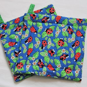 May include: Three blue quilted pot holders with a ladybug and leaf pattern. The pot holders have green fabric loops for hanging.