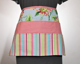 Vendor, utility, or garage sale half apron, pink and blue, stripes, dots, and floral with 8 pockets