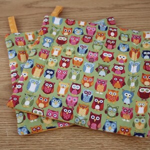 May include: Two square pot holders with a green background covered in colorful owl illustrations. Each pot holder has a yellow loop for hanging. The owls are in various colors, including red, blue, orange, and pink.