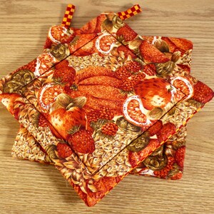 May include: Two quilted pot holders with a fruit pattern. The design features oranges, strawberries, and apples in shades of red, orange, and brown. Each pot holder has a loop made of orange and red checkered fabric.