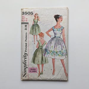 May include: Vintage Simplicity printed sewing pattern 3505. The cover features illustrations of women in dresses. The pattern includes measurements: Miss Size 12, Bust 81 cm. The cover is aged with wear and tear.