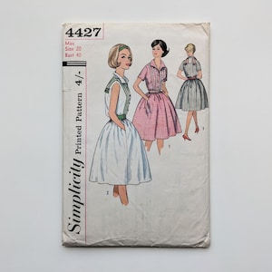 May include: Vintage Simplicity printed sewing pattern 4427. The pattern features illustrations of three dresses with full skirts. The cover shows signs of age and wear, and includes the size and bust measurements.
