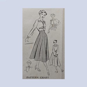 May include: A vintage pattern chart with illustrations of women's clothing designs. The main image features a woman in a long-sleeved blouse and a pleated skirt. Additional sketches show other garment variations. The text "PATTERN CHART" is at the bottom.