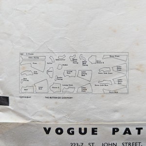 Puede incluir: Patr&oacute;n de costura vintage con varias piezas de patr&oacute;n etiquetadas con t&eacute;rminos como 'Front Facing', 'Collar' y 'Dress Back'. El patr&oacute;n es de The Butterick Company e incluye la palabra 'Copyright'. El logotipo de Vogue Pattern es visible.