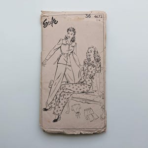 May include: Vintage sewing pattern featuring illustrations of women's sleepwear. The cover shows two women in pajamas and a suit. The pattern is labeled "Style" with the numbers "36 4672 1/6" at the top. The paper has a worn, aged appearance.