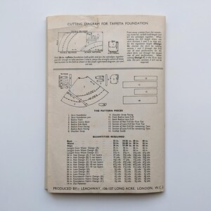 May include: A vintage sewing pattern for a taffeta foundation, featuring diagrams and measurements. The text reads "Cutting Diagram for Taffeta Foundation" and "Produced by: Leachway, 136-137 Long Acre, London, W.C."