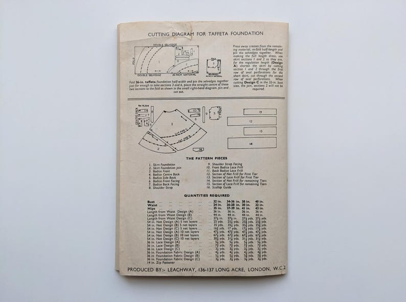 May include: A vintage sewing pattern for a taffeta foundation, featuring diagrams and measurements. The text reads "Cutting Diagram for Taffeta Foundation" and "Produced by: Leachway, 136-137 Long Acre, London, W.C."