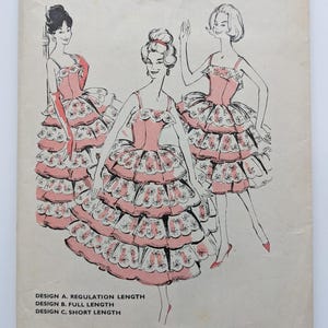 May include: Illustration of three women in pink dresses with layered skirts and spaghetti straps. The dresses have a floral pattern on the skirt layers. Text at the bottom reads: Design A. Regulation Length, Design B. Full Length, Design C. Short Length.