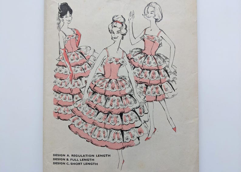 May include: Illustration of three women in pink dresses with layered skirts and spaghetti straps. The dresses have a floral pattern on the skirt layers. Text at the bottom reads: Design A. Regulation Length, Design B. Full Length, Design C. Short Length.