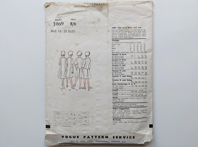 Puede incluir: Patr&oacute;n de costura Vogue vintage 1069, con ilustraciones de un vestido y abrigo de una pieza. El patr&oacute;n incluye informaci&oacute;n de tallas para un contorno de busto de 46-97 cm. El papel est&aacute; envejecido con texto e ilustraciones.