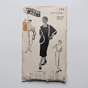 May include: Vintage sewing pattern for a dress and stole. The pattern envelope is off-white with illustrations of women wearing the designs. The text "WEEKEND MAIL" and "PATTERN" are visible. Bust 36" and Hip 40" measurements are included.